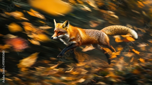 Red fox running autumn leaves forest blur motion photo