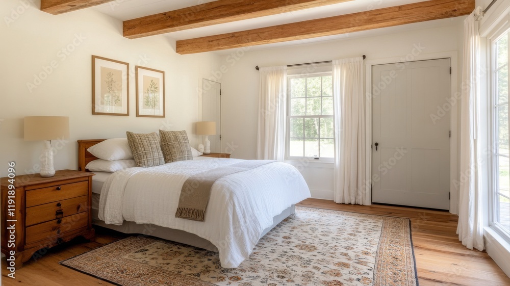 Fototapeta premium A bright and cozy bedroom with wooden beams and soft decor.