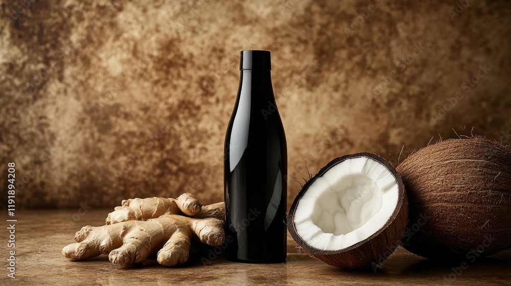Naklejka premium 74.A dramatic composition featuring a sleek black bottle standing next to a halved coconut with creamy white flesh and a cluster of fresh ginger roots, all set on a rich brown background.