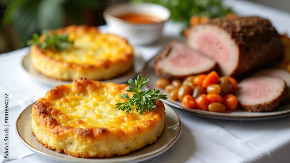 Close-up of Passover dishes like kugel, tzimmes, and brisket, showcasing their rich textures, vibrant colors, and traditional significance. Close-up of Passover dishes like kugel, tzimmes, and brisket, showcasing their rich textures, vibrant colors, and traditional significance.