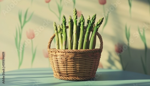 Asparagus on rattan basket in wooden table with sunlight