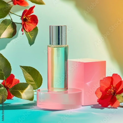 Perfume Bottle with Vibrant Hibiscus photo