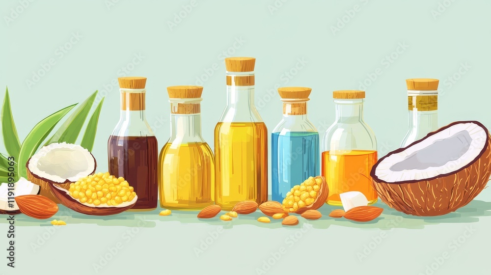 51.A modern illustration of versatile oils, featuring colorful bottles labeled almond, coconut, and corn oil, surrounded by their respective natural ingredients. 51.A modern illustration of versatile oils, featuring colorful bottles labeled almond, coconut, and corn oil, surrounded by their respective natural ingredients.