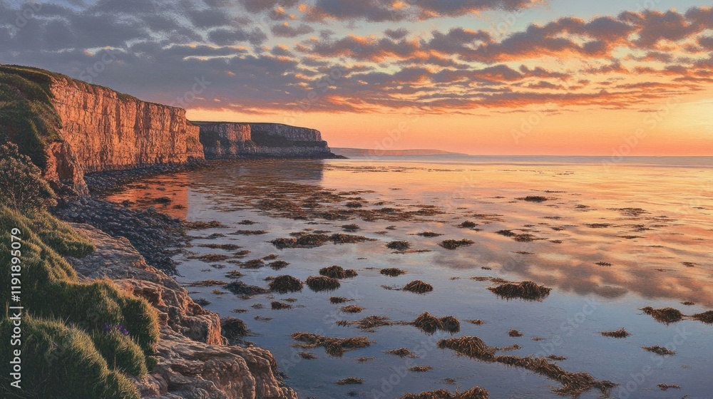 Fototapeta premium Coastal Cliffs Sunset Seascape Reflection Calm Ocean