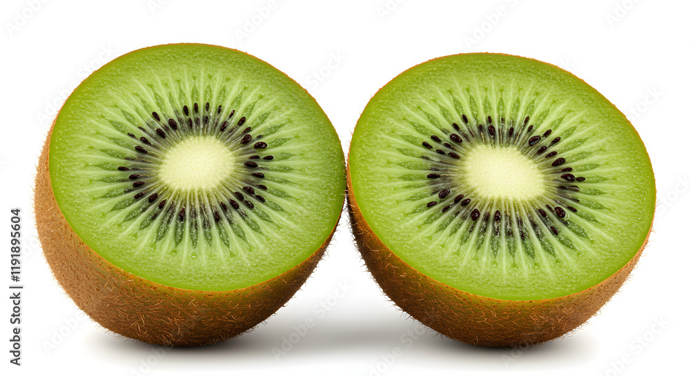 Fototapeta premium A single kiwi fruit, divided into two equal parts, is set apart on a white surface.