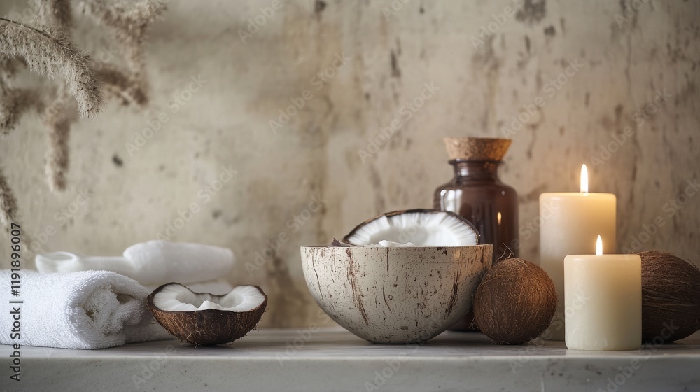 21.A soft, spa-inspired setup featuring a bowl of creamy coconut oil, a jar, and fresh coconuts, with calming elements like candles and towels, emphasizing beauty and wellness. 21.A soft, spa-inspired setup featuring a bowl of creamy coconut oil, a jar, and fresh coconuts, with calming elements like candles and towels, emphasizing beauty and wellness.