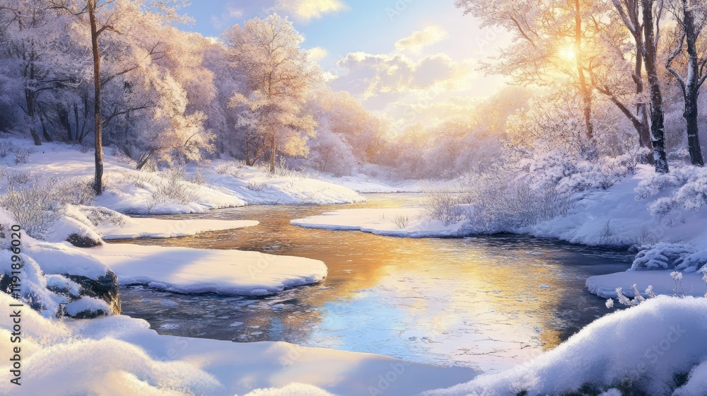 Sunlight touches a frozen river melting into clear water, signaling the renewal of spring amidst snowy surroundings.