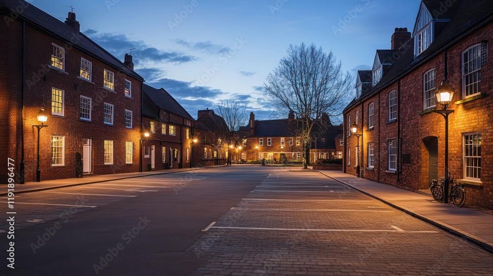 Obraz premium A parking space in a heritage town, blending seamlessly with brick buildings and gas lamp-style lighting