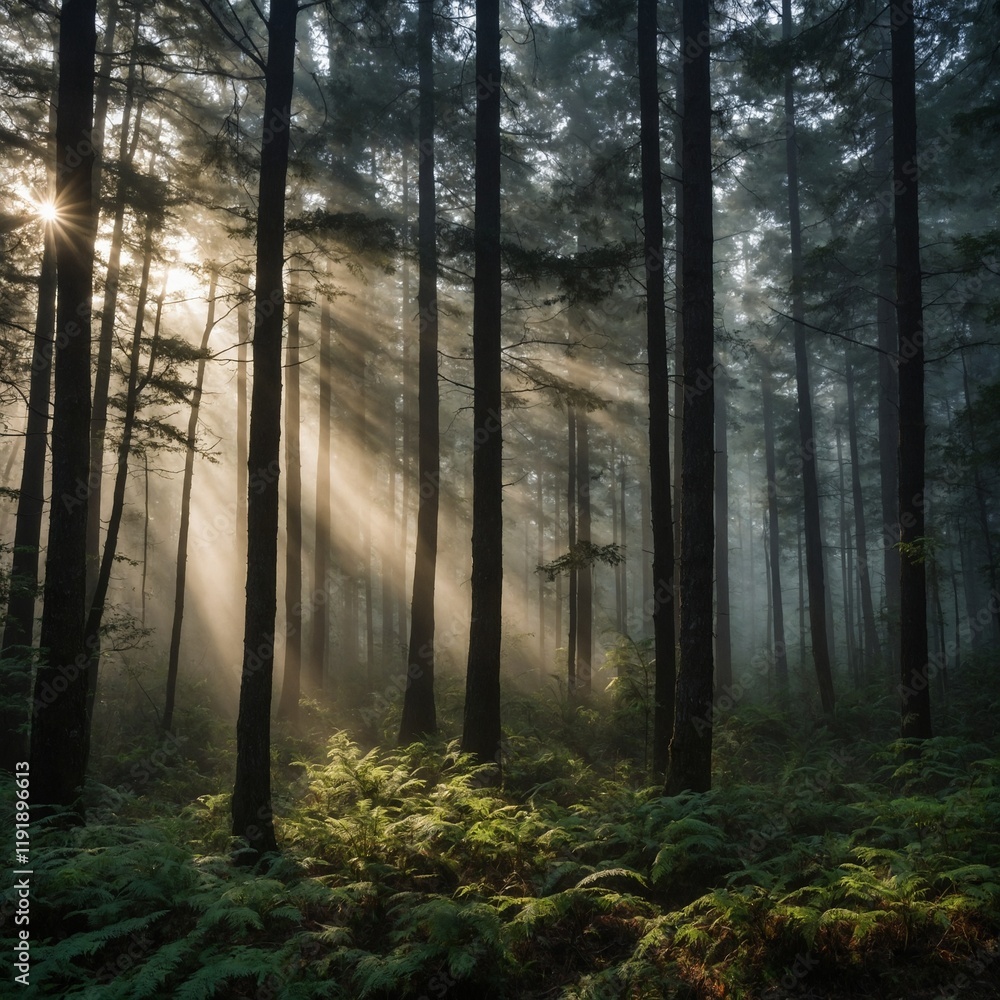 Obraz premium Leonardo_Kino_XL_A_foggy_forest_with_sunlight_piercing_through_0 
