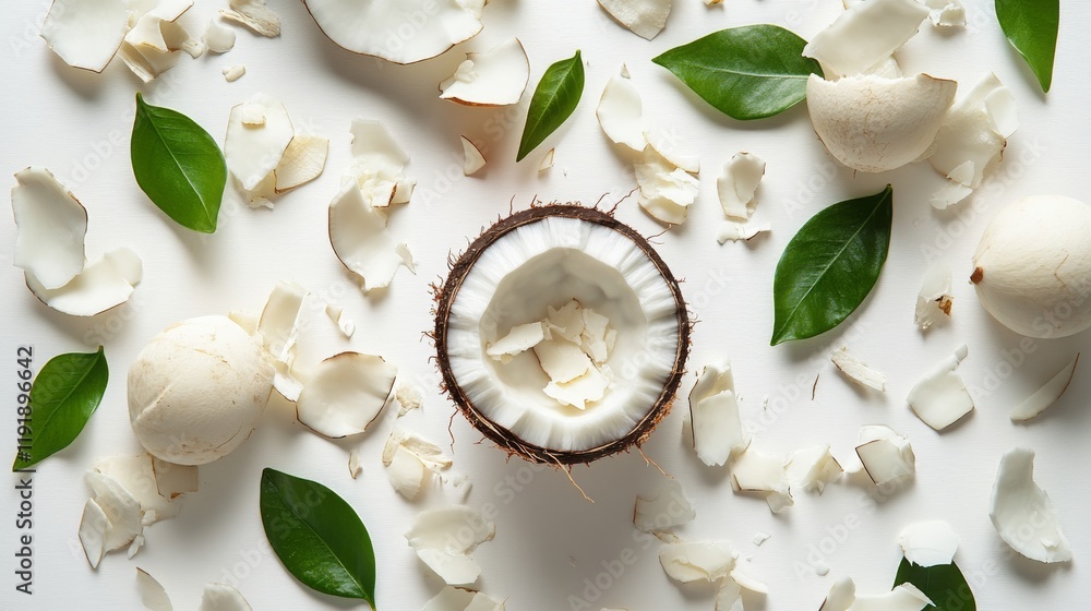 63.A close-up view of a cracked coconut with glistening white flesh, accompanied by scattered shell fragments and fresh green leaves, perfectly isolated on a white backdrop. 63.A close-up view of a cracked coconut with glistening white flesh, accompanied by scattered shell fragments and fresh green leaves, perfectly isolated on a white backdrop.