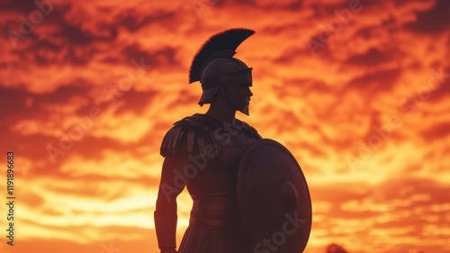 A silhouette of a warrior against a vibrant sunset backdrop. photo