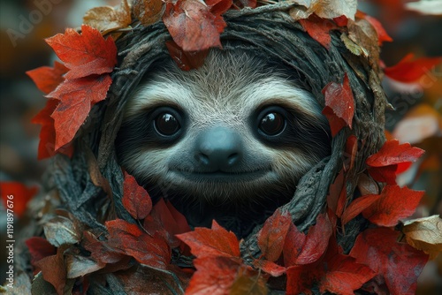 dark fantasythemed sloth draped in mystical shadows adorned with eerie foliage and whimsical details creating an intriguing blend of serenity and the supernatural photo