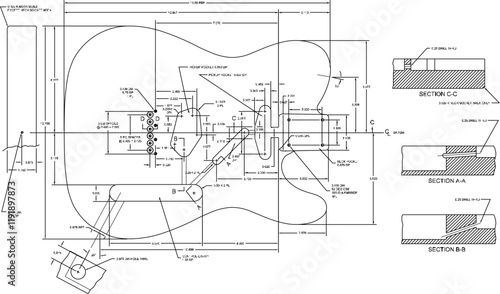 Vector illustration of a guitar musical instrument design sketch with detailed scale size 