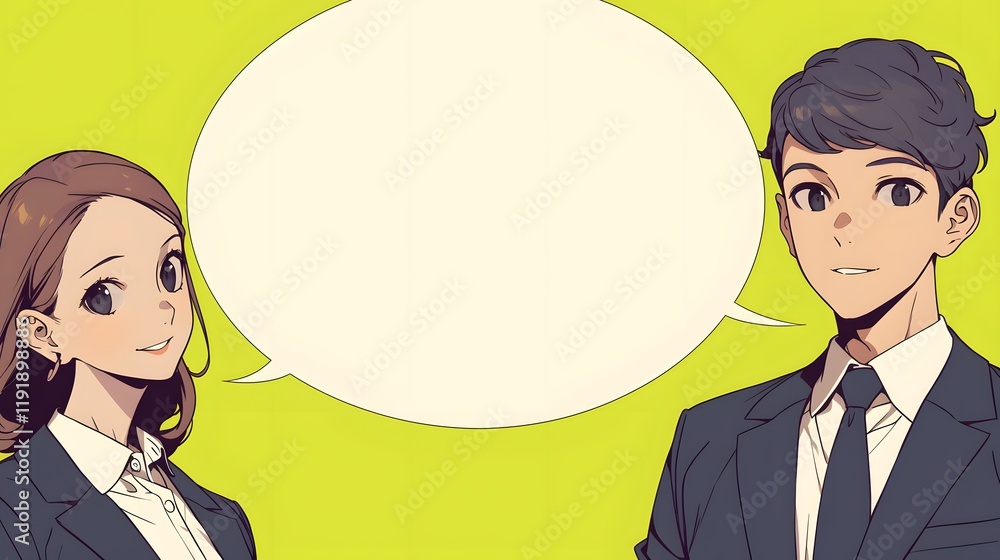 Anime businessman and businesswoman with a blank speech bubble for dialogue. Anime businessman and businesswoman with a blank speech bubble for dialogue.