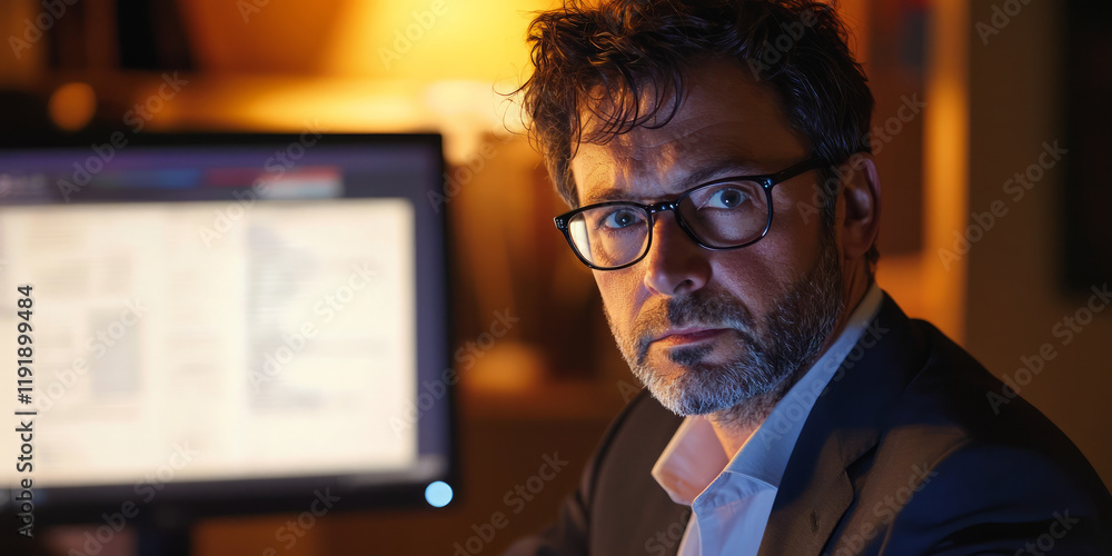 A man with glasses and a short beard, working in the office late at night, generative AI A man with glasses and a short beard, working in the office late at night, generative AI