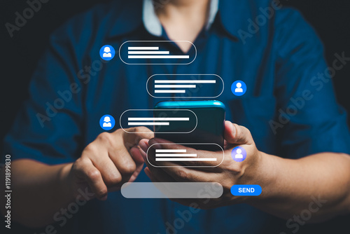 Close-up of hands texting on smartphone with holographic chat interface for social media and messaging.