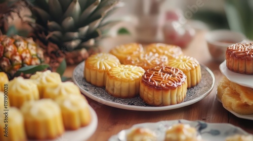 A set of traditional Chinese New Year pastries like mooncakes and pineapple tarts on a festive table