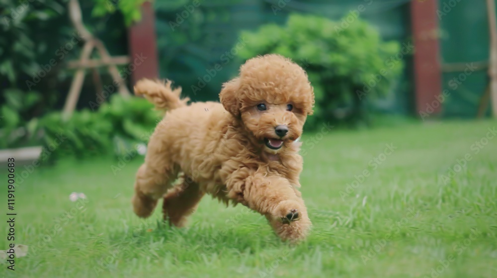 An adorable brown poodle puppy dog sprinting merrily on the grass, displaying its youthful energy and lively charm. A heart - warming scene of a puppy at play. An adorable brown poodle puppy dog sprinting merrily on the grass, displaying its youthful energy and lively charm. A heart - warming scene of a puppy at play.