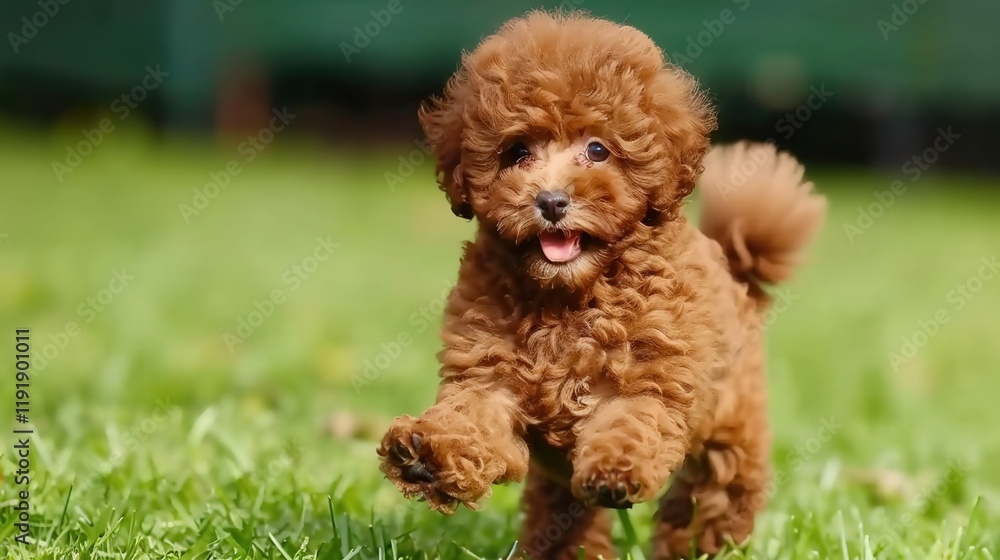 An adorable brown poodle puppy dog sprinting merrily on the grass, displaying its youthful energy and lively charm. A heart - warming scene of a puppy at play. An adorable brown poodle puppy dog sprinting merrily on the grass, displaying its youthful energy and lively charm. A heart - warming scene of a puppy at play.
