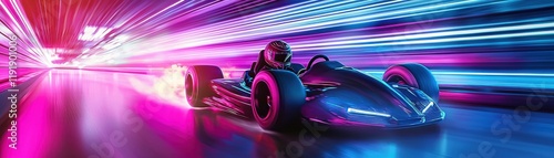 Futuristic racing car speeding through neon-lit motion blur.
