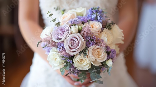 A beautiful floral bouquet held by a bride, showcasing soft pastel colors and delicate flowers.