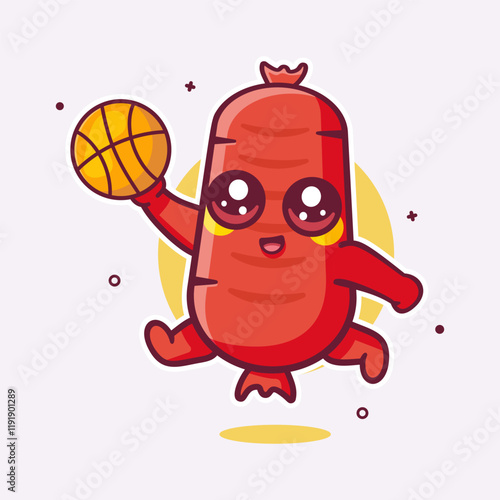 cute sausage food character mascot playing basketball isolated cartoon