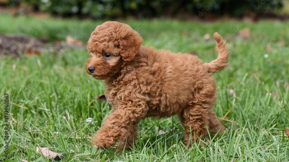 An adorable brown poodle puppy dog sprinting merrily on the grass, displaying its youthful energy and lively charm. A heart - warming scene of a puppy at play. An adorable brown poodle puppy dog sprinting merrily on the grass, displaying its youthful energy and lively charm. A heart - warming scene of a puppy at play.