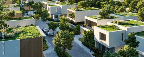 Modern sustainable housing with green roofs and lush surroundings.