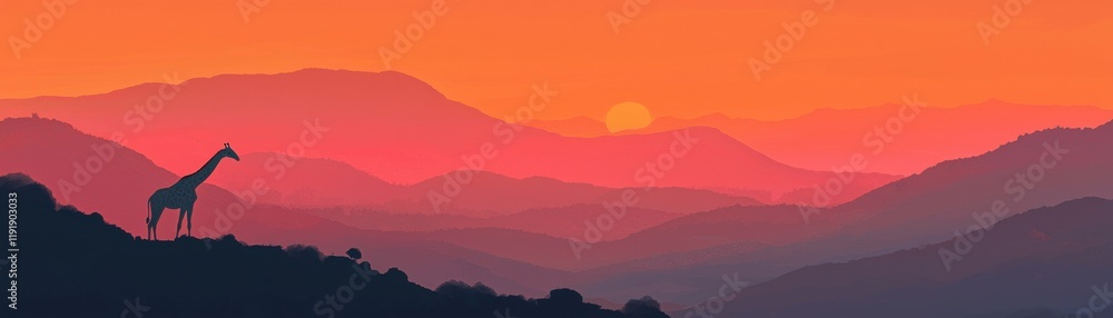 Fototapeta premium Silhouette of a giraffe against a stunning sunset landscape.