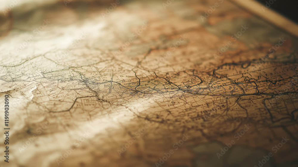 Fototapeta premium Vintage map-themed wallpaper featuring old-world cartography, sepia tones, and intricate detailing of continents, compass roses, and maritime symbols for a classic explorer vibe. 