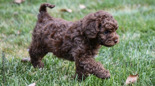 An adorable brown poodle puppy dog sprinting merrily on the grass, displaying its youthful energy and lively charm. A heart - warming scene of a puppy at play. photo