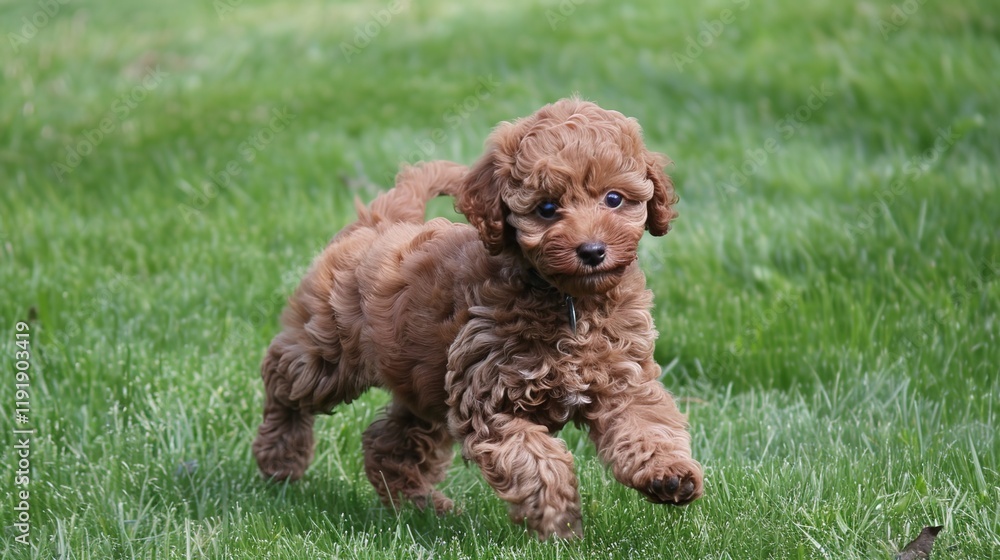 An adorable brown poodle puppy dog sprinting merrily on the grass, displaying its youthful energy and lively charm. A heart - warming scene of a puppy at play. An adorable brown poodle puppy dog sprinting merrily on the grass, displaying its youthful energy and lively charm. A heart - warming scene of a puppy at play.