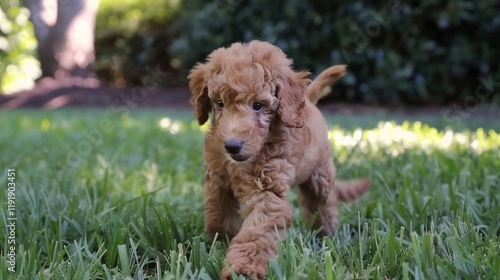 An adorable brown poodle puppy dog sprinting merrily on the grass, displaying its youthful energy and lively charm. A heart - warming scene of a puppy at play. photo