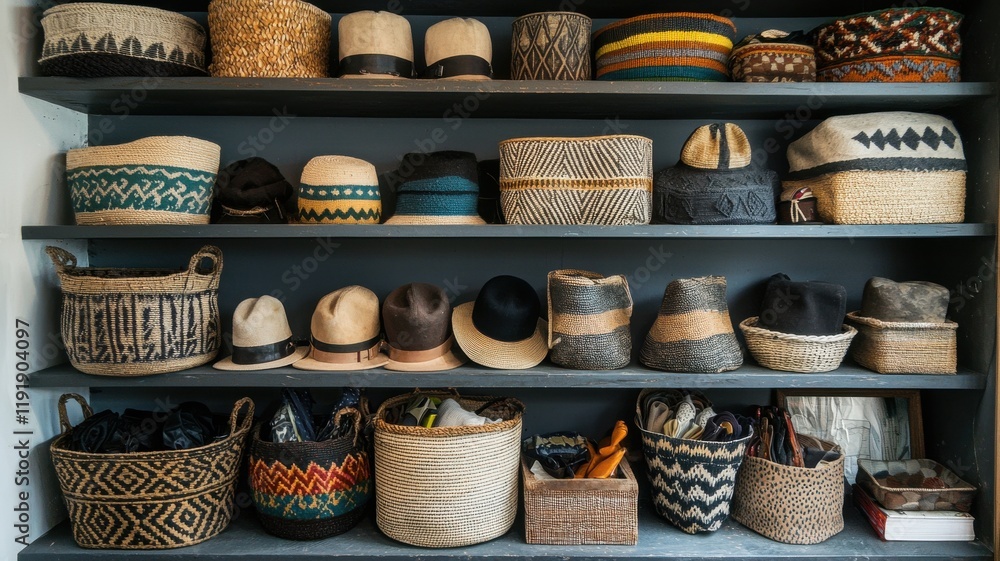 Variety of handmade baskets and hats displayed on wooden shelves. Variety of handmade baskets and hats displayed on wooden shelves.
