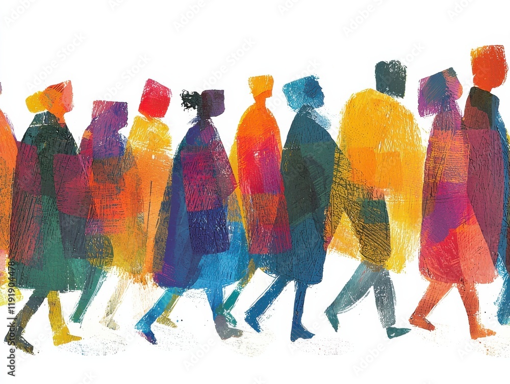 Fototapeta premium Vibrant illustration of colorful figures walking together.