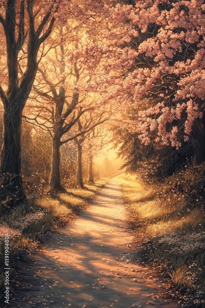 Obraz premium A beautiful path lined with cherry blossom trees, bathed in the golden glow of sunset, with a dreamy, romantic style