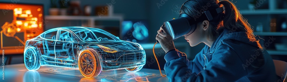 Woman using virtual reality to design futuristic car model. Woman using virtual reality to design futuristic car model.