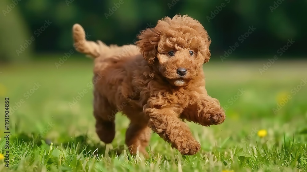 An adorable brown poodle puppy dog sprinting merrily on the grass, displaying its youthful energy and lively charm. A heart - warming scene of a puppy at play. An adorable brown poodle puppy dog sprinting merrily on the grass, displaying its youthful energy and lively charm. A heart - warming scene of a puppy at play.