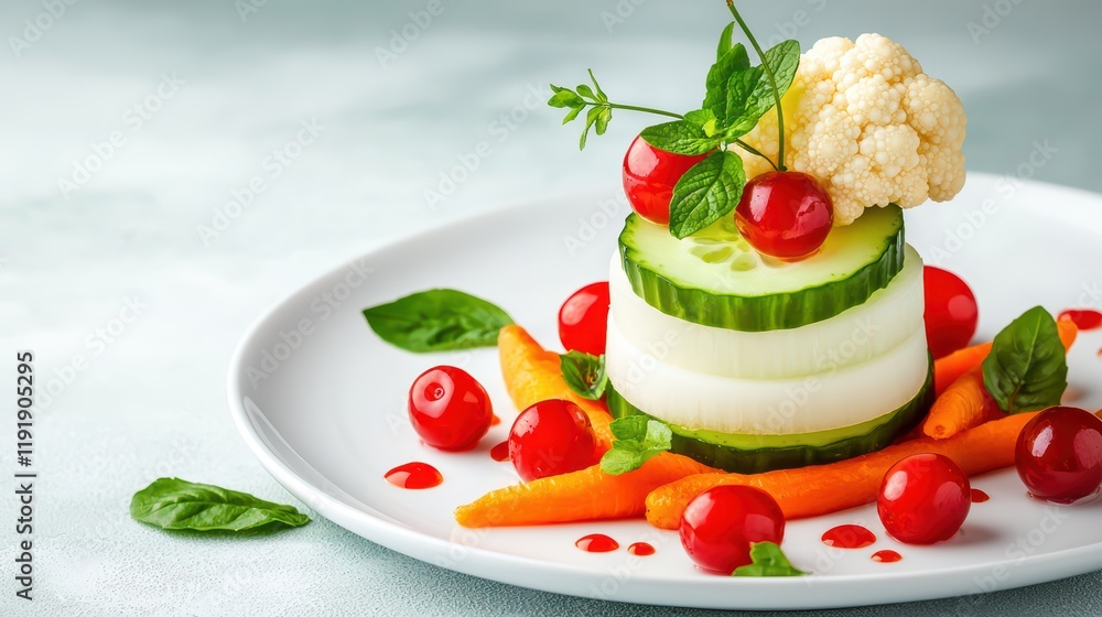 Fresh Vegetable Tower with Cherry Tomatoes and Cauliflower Garnish Fresh Vegetable Tower with Cherry Tomatoes and Cauliflower Garnish