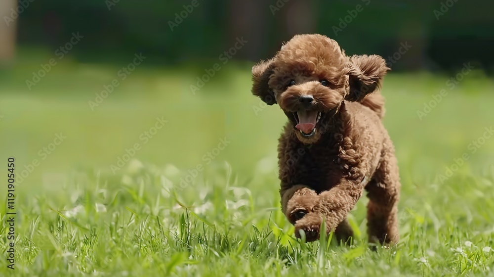 An adorable brown poodle puppy dog sprinting merrily on the grass, displaying its youthful energy and lively charm. A heart - warming scene of a puppy at play. An adorable brown poodle puppy dog sprinting merrily on the grass, displaying its youthful energy and lively charm. A heart - warming scene of a puppy at play.