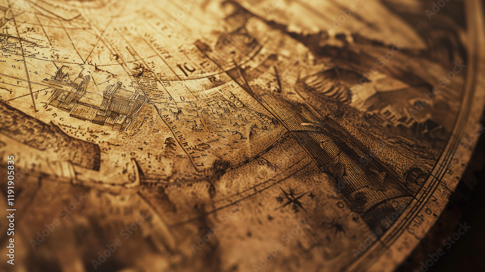 Fototapeta premium Vintage map-themed wallpaper featuring old-world cartography, sepia tones, and intricate detailing of continents, compass roses, and maritime symbols for a classic explorer vibe.
