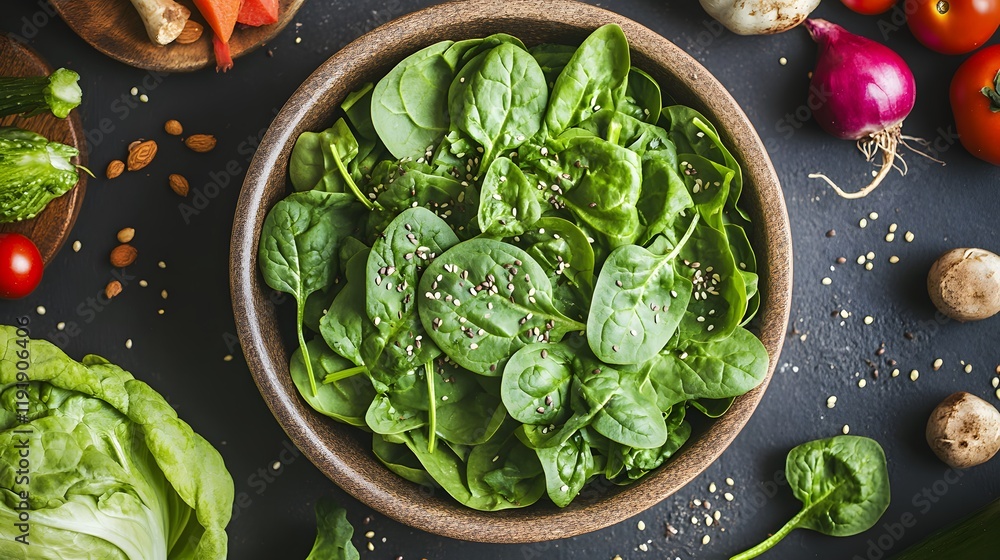 Obraz premium Fresh Spinach Salad with Sesame Seeds and Almonds