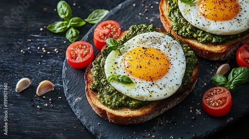 Avocado and egg toast with pesto, perfect for health-focused content and recipes 