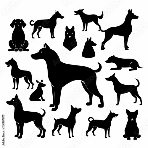 A dense collection of black silhouette dog icons in various poses and sizes on white background