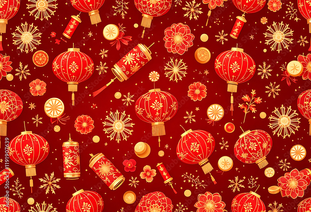 Red and Gold Chinese New Year Festive Pattern: Lanterns, Firecrackers, and Snowflakes Red and Gold Chinese New Year Festive Pattern: Lanterns, Firecrackers, and Snowflakes