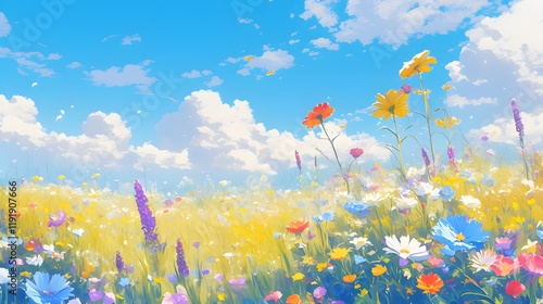 Fototapeta Naklejka Na Ścianę i Meble -  Beautiful colorful flowers in a meadow, with a soft sky and gentle breeze, rendered in anime style for a calming background.