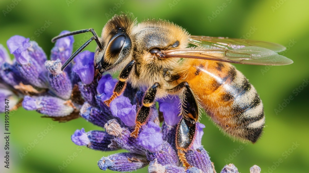 A captivating view of a bee resting on a lavender flower, captured from a ground-level perspective. The delicate petals surround the bee, which is covered in pollen, showcasing its hard work. The A captivating view of a bee resting on a lavender flower, captured from a ground-level perspective. The delicate petals surround the bee, which is covered in pollen, showcasing its hard work. The