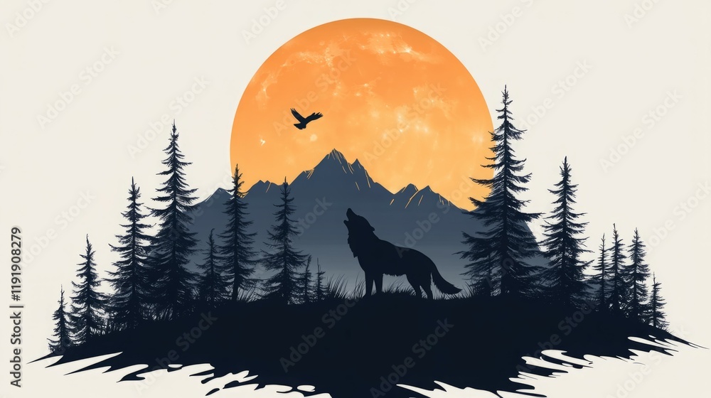 Fototapeta premium Silhouette of a wolf howling at a large orange moon in a mountain forest.