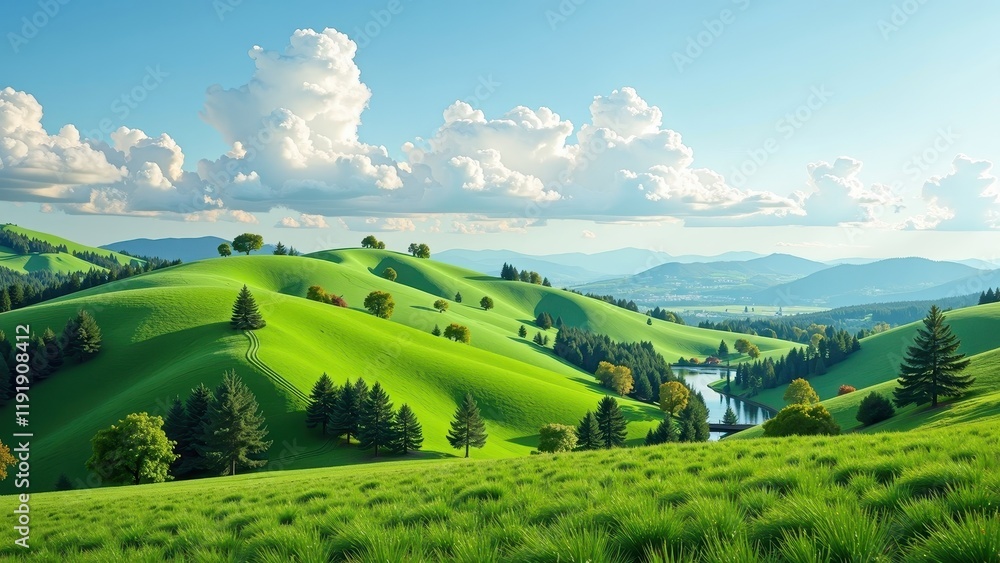 Obraz premium Bask in the lush embrace of a verdant hillside where a serene river meanders, framed by towering trees under a radiant sun's glow. The vivid green grass dances with sunlight, inviting tranquility and 