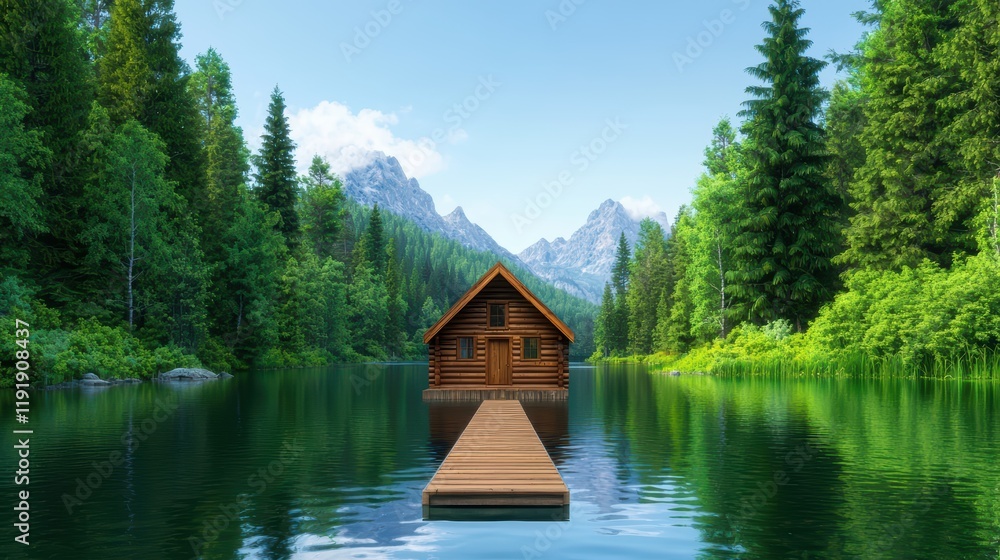 Fototapeta premium Tranquil Wooden Cabin by Serene Mountain Lake Surrounded by Nature